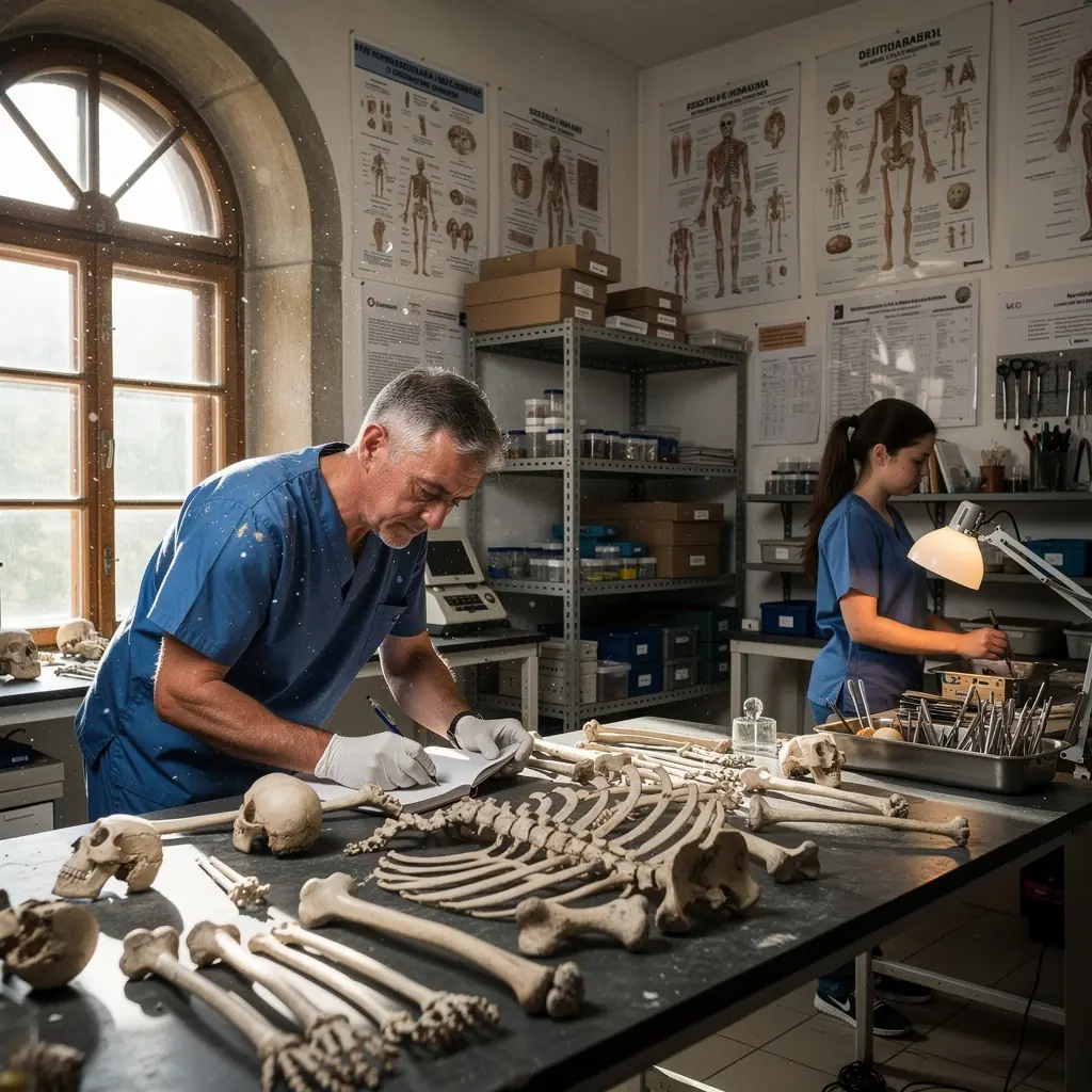 Ein Kriminalbeamter untersucht Beweismaterial unter einem Mikroskop in einem forensischen Labor.
