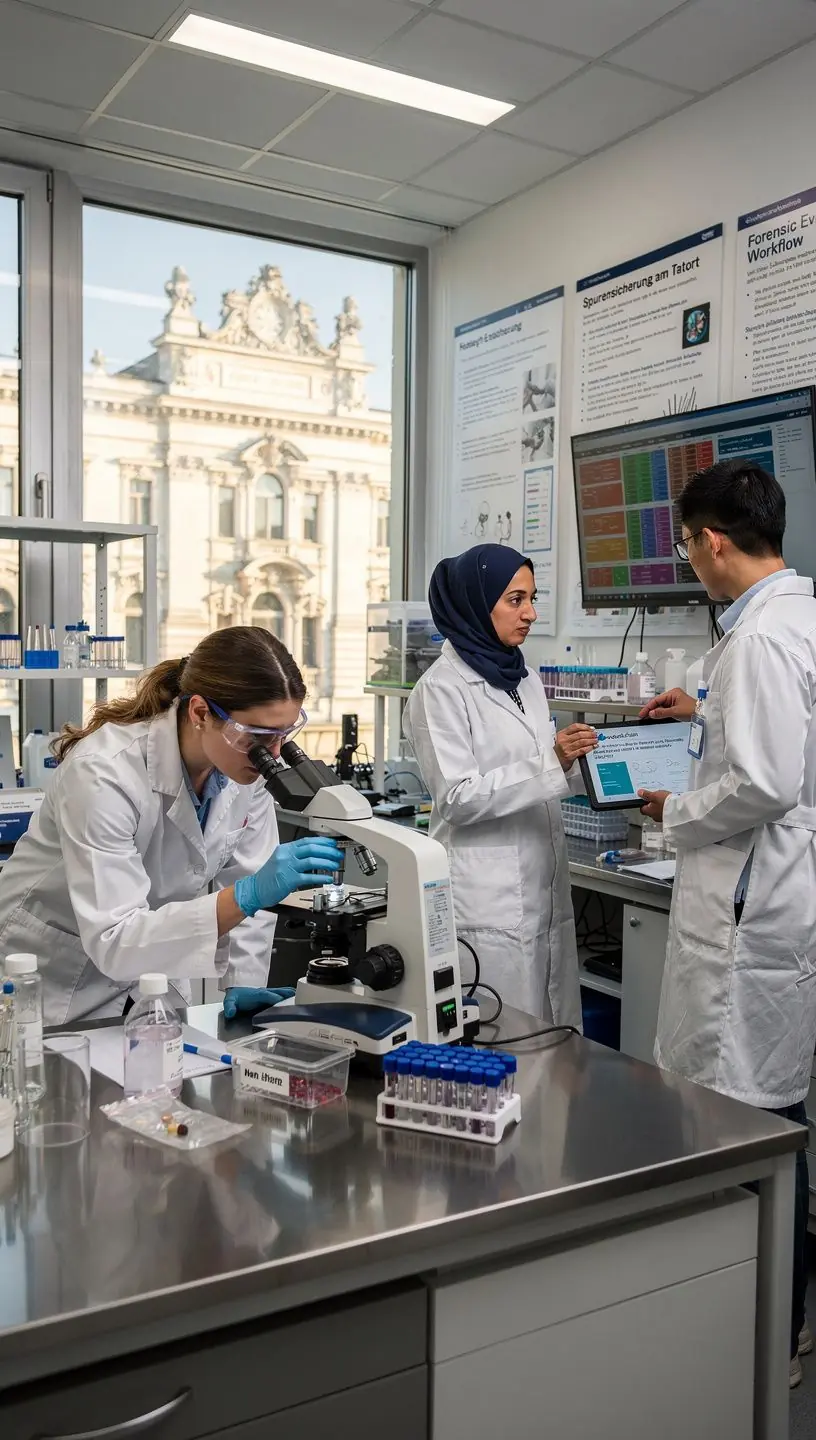 Ein Kriminalbeamter, der am Tatort Beweise sichert und sorgfältig fotografiert.