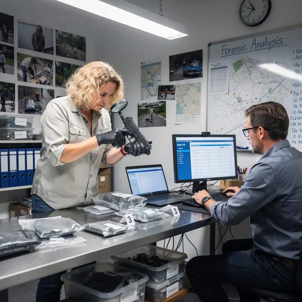 Ein Kriminalbeamter, der am Tatort Beweise sichert und sorgfältig fotografiert.