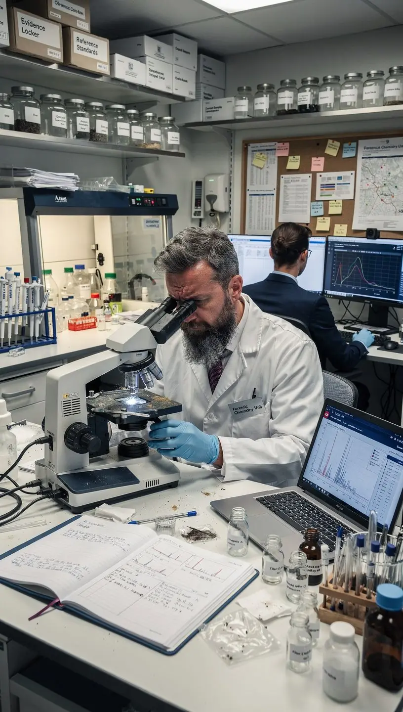 Ein Kriminalbeamter, der am Tatort Beweise sichert und sorgfältig fotografiert.